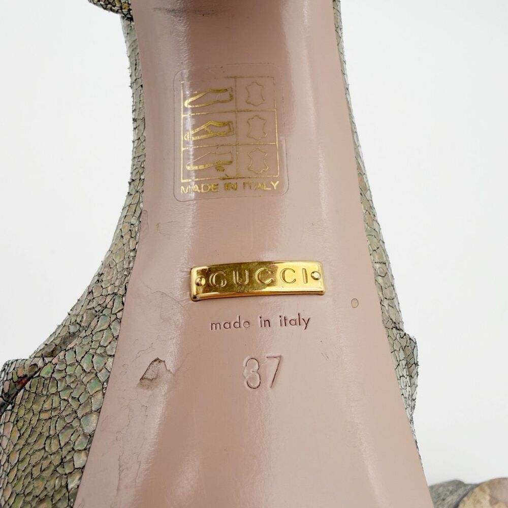 GUCCI Claudie Platform Horsebit Iridescent Gold Heeled Sandal Size 37 Leather - Picture 11 of 12